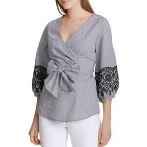 Calvin Klein Cotton Wrap Embroidered Stripe Blouse women’s size 10 black/white